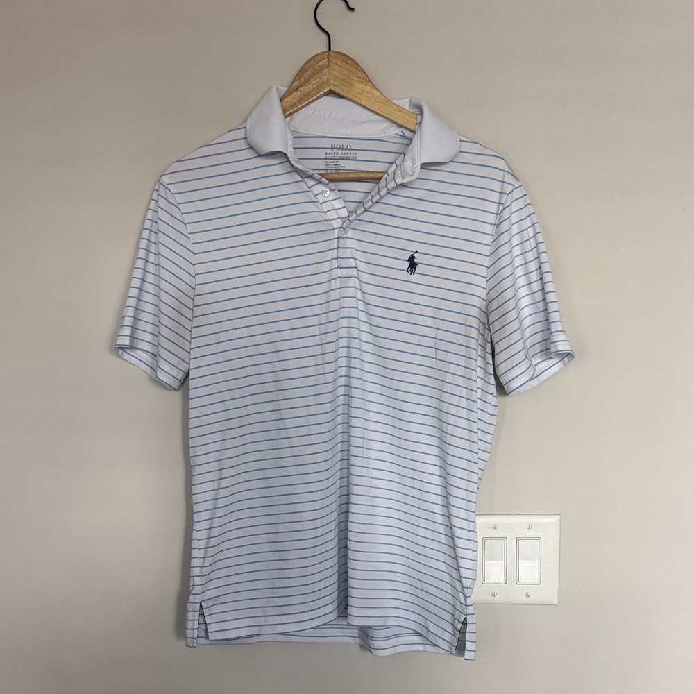 Polo by Ralph Lauren Men's White and Blue Striped Polo